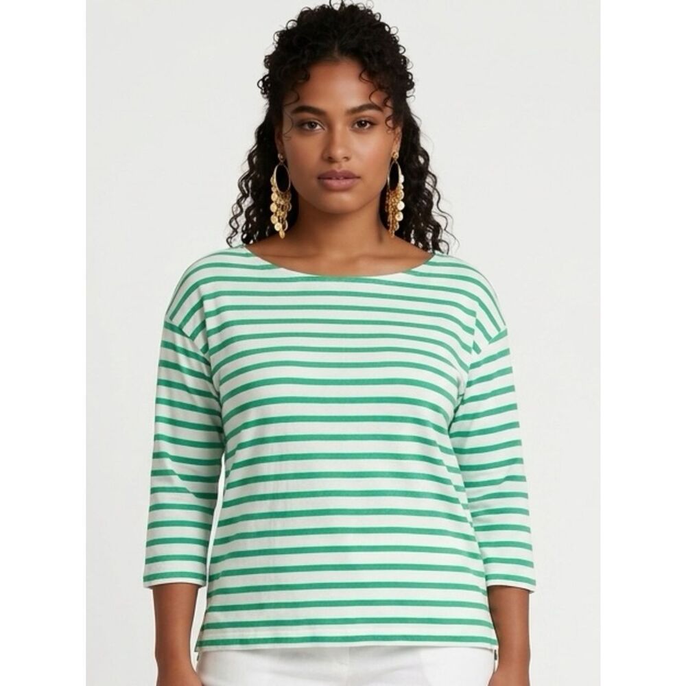 SUNDRY | Maritime Green/White Striped 3/4 Sleeve Top NEW Women’s Size 0/X-Small